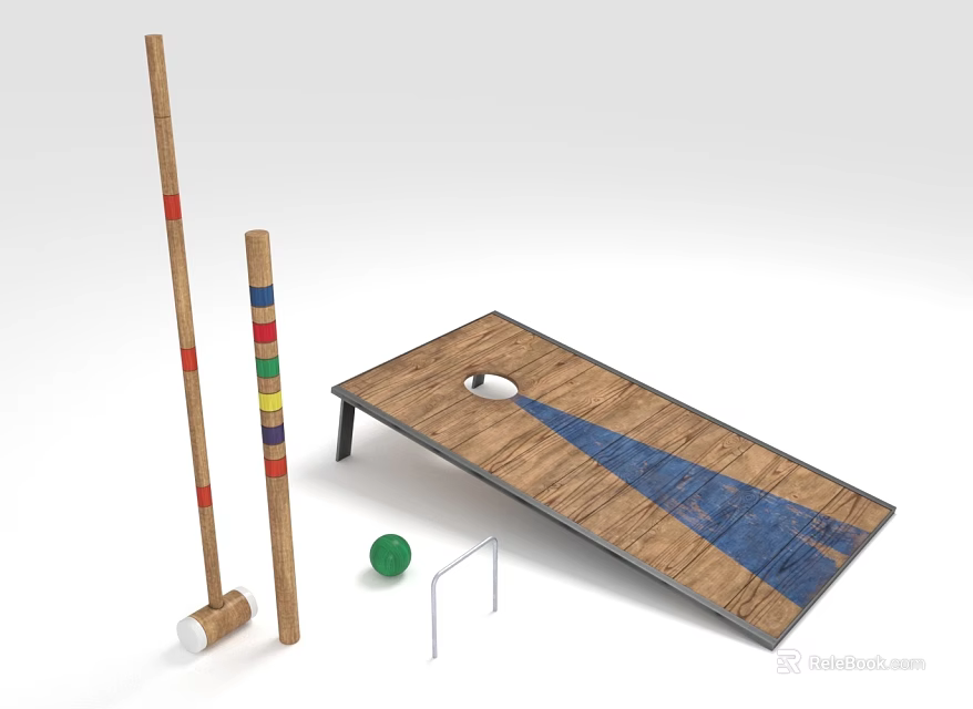 Wooden Outdoor Game Set With Mallets Colorful Striped Poles Board Green Ball And Gate 3d model 