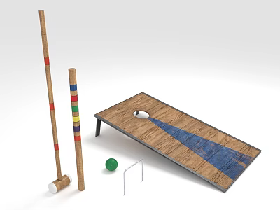 Wooden Outdoor Game Set With Mallets Colorful Striped Poles Board Green Ball And Gate 3d model