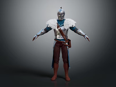 Detailed Fantasy Warrior 3D Model In Silver Armor With Feathered Shoulders And Brown Outfit 3d model
