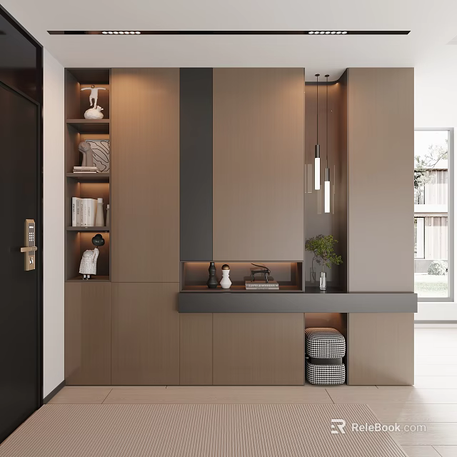 Modern Entryway Hallway Interior Design With Cabinets Shelves Countertop Pendant Lights And Decor 3d model 