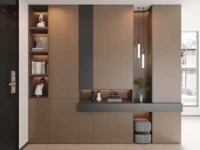 Modern Entryway Hallway Interior Design With Cabinets Shelves Countertop Pendant Lights And Decor 3d model