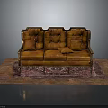 Multi Person Orange Leather Sofa With Carved Wooden Armrests And Patterned Carpet