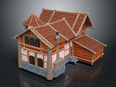 Traditional House 3D Model With Red Tiled Roof Wooden Structure And Stone Base 3d model