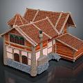Traditional House 3D Model With Red Tiled Roof Wooden Structure And Stone Base
