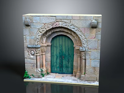 Medieval Stone Entrance Gate With Green Wooden Door And Arched Carved Details 3d model