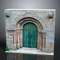 Medieval Stone Entrance Gate With Green Wooden Door And Arched Carved Details