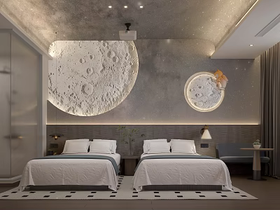 Modern Hotel Room Interior With Twin Beds Moon Decorative Wall And Starry Ceiling Design 3d model