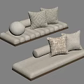Modern Beige Sofa Design With Decorative Pillows And Round Bolster And Wooden Frame Details