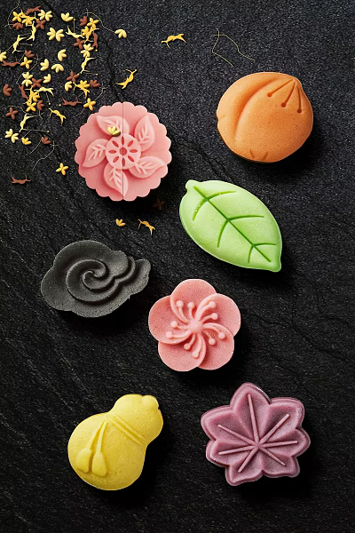 Colorful Flower Leaf Cloud Shaped Wagashi Traditional Japanese Sweets on Black Background 3d model