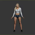 A Blonde Woman In Gray Long Sleeve Top And Denim Shorts Standing With Hands Open