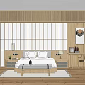 Modern Minimalist Wooden Bedroom Interior Design With Bed Vertical Slats Wall Nightstands Desk And Chair