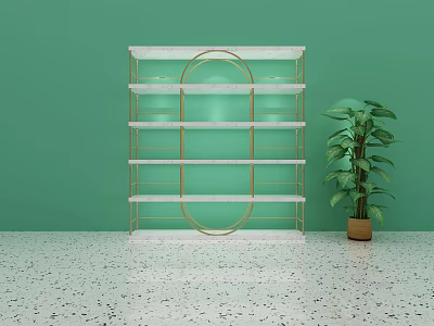 Modern Display Shelf With Golden Frame Against Green Wall And Potted Plant On Terrazzo Floor 3d model