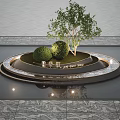 Garden Landscape With Circular Water Feature Central Island Small Tree Trimmed Shrubs And Marble Paving