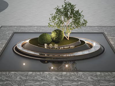 Garden Landscape With Circular Water Feature Central Island Small Tree Trimmed Shrubs And Marble Paving 3d model