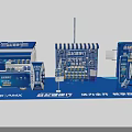 Blue Themed Exhibition Booths With Product Displays And Brand Logos Design