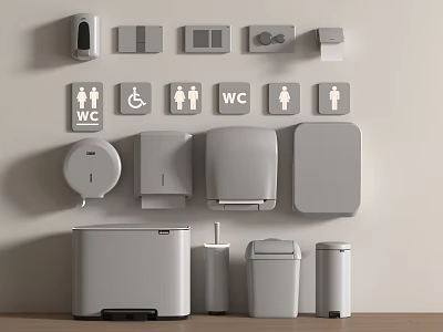 Bathroom Accessories Set Including Soap Dispenser Toilet Paper Holder Trash Bin And Restroom Signs 3d model