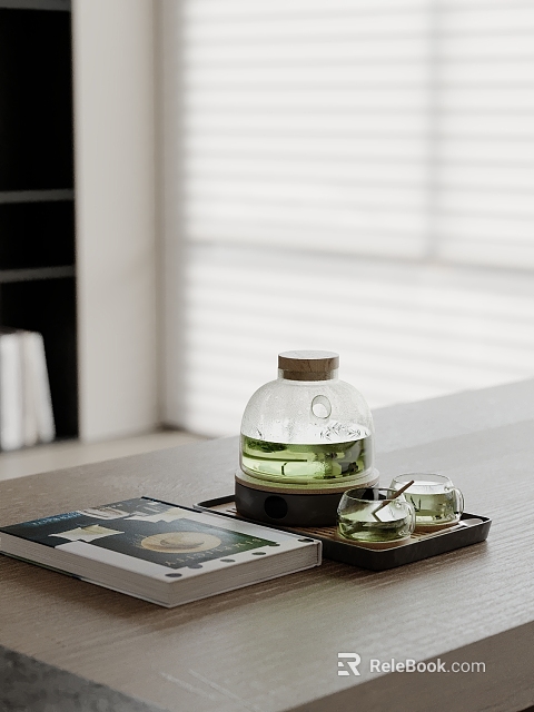 Modern Decorative Ornament Set With Glass Teapot Small Teacups On Wooden Tray Tabletop 3d model 