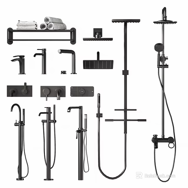 Modern Bathroom And Kitchen Faucets With Shower Systems Towel Racks And Control Hardware 3d model 