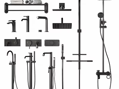 Modern Bathroom And Kitchen Faucets With Shower Systems Towel Racks And Control Hardware 3d model