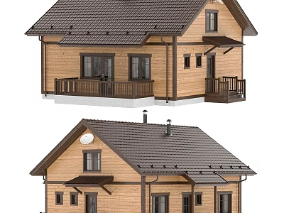 Detached Wooden House Exterior With Brown Tiled Roof Balcony And Windows 3d model