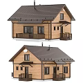 Detached Wooden House Exterior With Brown Tiled Roof Balcony And Windows