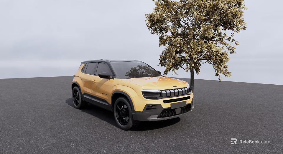 Yellow SUV With Black Wheels And Front Grille Under Tree On Paved Ground 3d model 