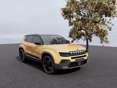 Yellow SUV With Black Wheels And Front Grille Under Tree On Paved Ground 3d model