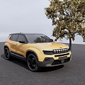 Yellow SUV With Black Wheels And Front Grille Under Tree On Paved Ground