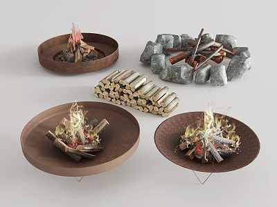 Different Types Of Fire Pits With Logs And Burning Flames 3d model