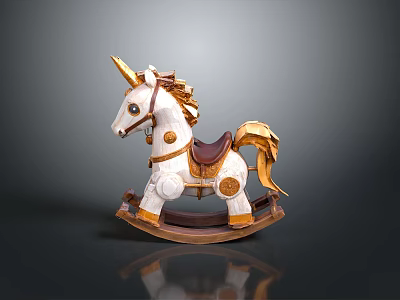Classic White Rocking Horse With Gold Accents Brown Saddle And Wooden Base For Children's Play 3d model