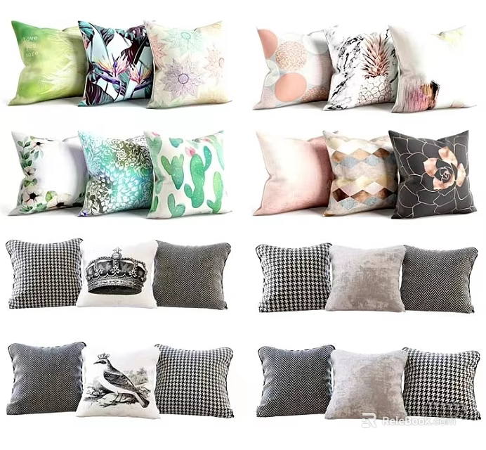 Decorative Pillows With Various Patterns Including Cactus Geometric Cat And Checkered Designs 3d model