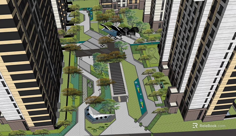 Residential Garden Landscape With High Rise Buildings Green Pathways Trees And Steps 3d model 