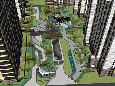 Residential Garden Landscape With High Rise Buildings Green Pathways Trees And Steps 3d model