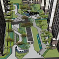 Residential Garden Landscape With High Rise Buildings Green Pathways Trees And Steps