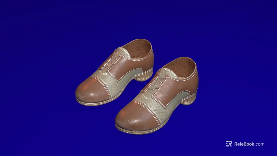 Stylish Pair of Brown and Beige Spliced Leather Shoes on Blue Background 3d model 