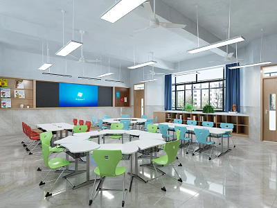 Classroom Interior With Pendant Lights Above Round Tables Green Blue Chairs And Large Screen 3d model