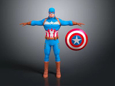 Captain America Superhero Figure In Blue Costume With Red Stripes And Star Shield Standing 3d model