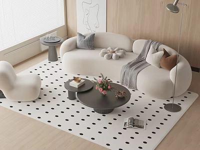Modern White Curved Sofa Coffee Table Set With Polka Dot Rug and Floor Lamp 3d model