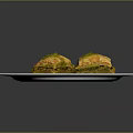 Three Square Crispy Pastry Desserts With Green Topping On White Plate 3d model