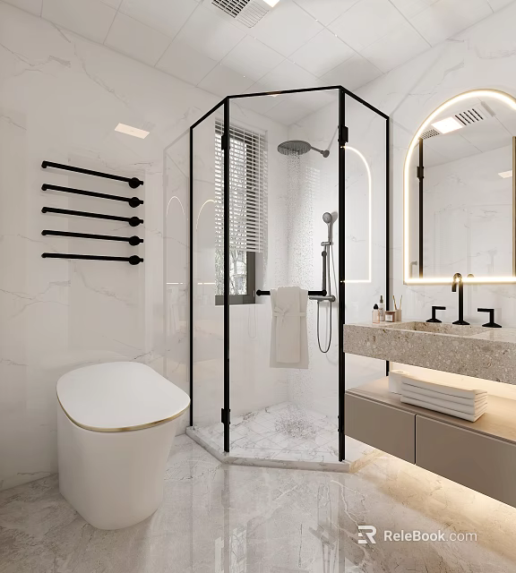 Modern Bathroom Interior With White Toilet Glass Shower Enclosure Marble Vanity And Mirror 3d model 