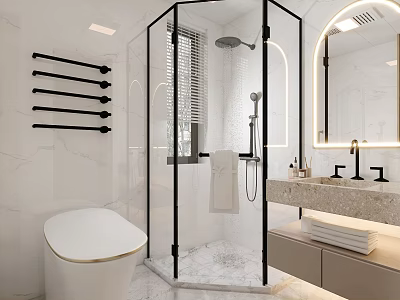 Modern Bathroom Interior With White Toilet Glass Shower Enclosure Marble Vanity And Mirror 3d model