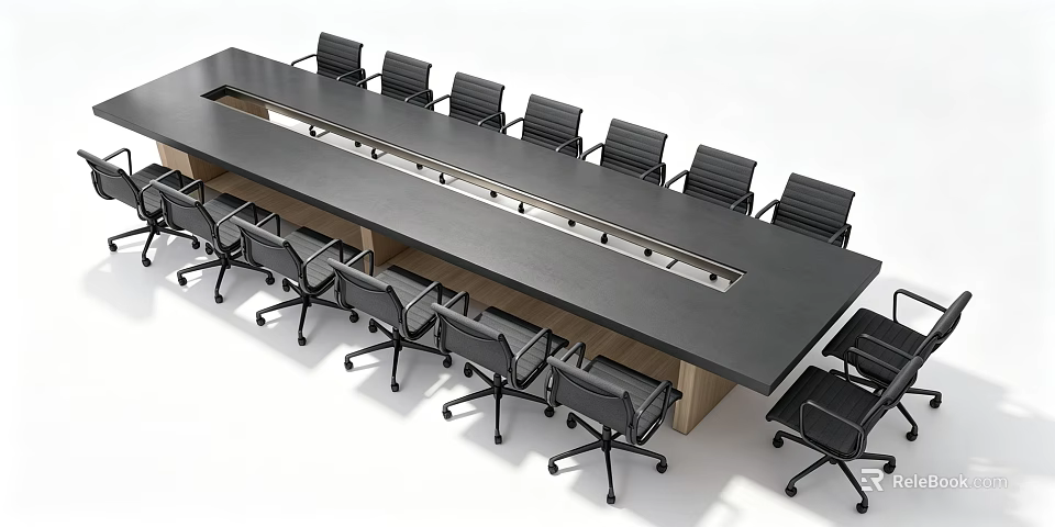 Long Modern Conference Table With Black Office Chairs In Professional Meeting Room 3d model 