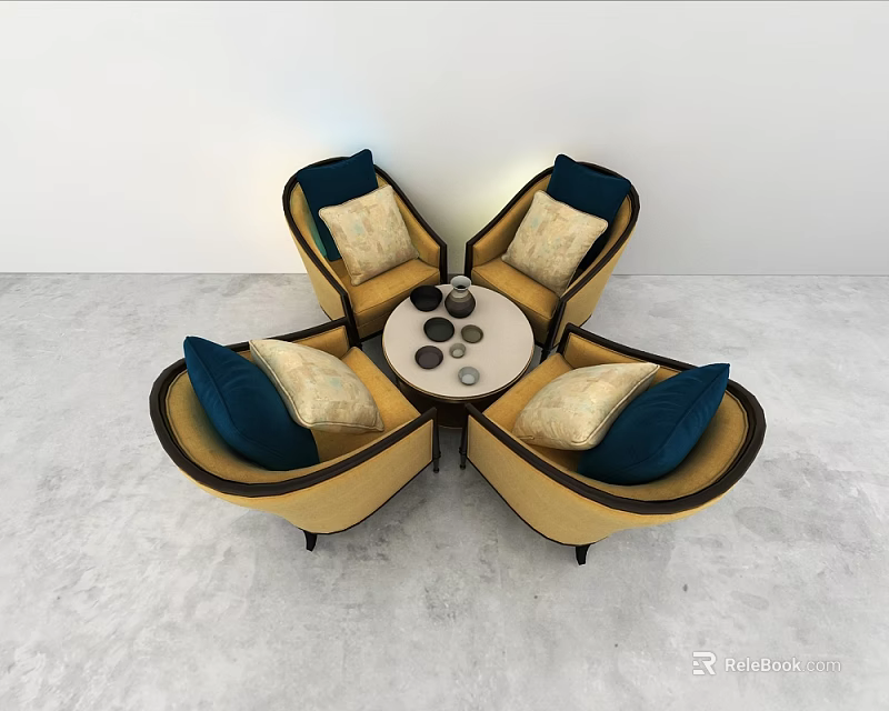 Golden Leisure Chairs With Navy Blue Beige Cushions Around Round Coffee Table In Minimalist Interior 3d model 
