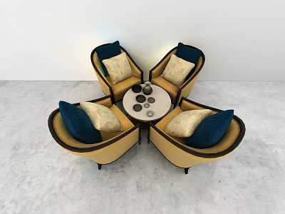 Golden Leisure Chairs With Navy Blue Beige Cushions Around Round Coffee Table In Minimalist Interior 3d model