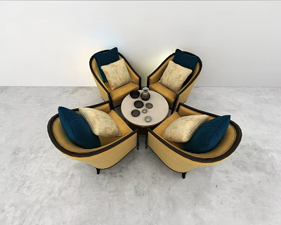 Golden Leisure Chairs With Navy Blue Beige Cushions Around Round Coffee Table In Minimalist Interior 3d model
