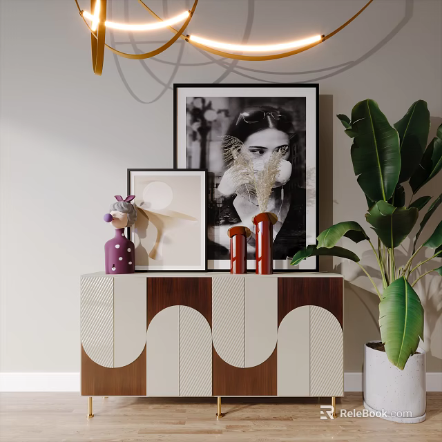 Stylish Entryway Console Cabinet With Wooden White Panels Decorative Vases Framed Pictures And Potted Plant 3d model 