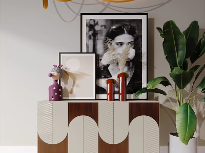 Stylish Entryway Console Cabinet With Wooden White Panels Decorative Vases Framed Pictures And Potted Plant 3d model