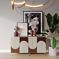 Stylish Entryway Console Cabinet With Wooden White Panels Decorative Vases Framed Pictures And Potted Plant