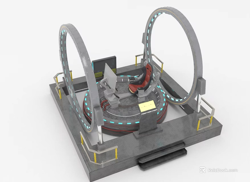 Futuristic Simulator Platform With Circular Rings Glowing Blue Lines And Red Seat 3d model 