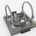 Futuristic Simulator Platform With Circular Rings Glowing Blue Lines And Red Seat